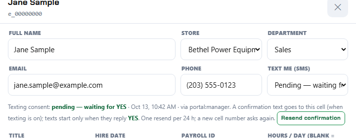 Screenshot of the roster setting: Text me = Pending until the employee replies YES