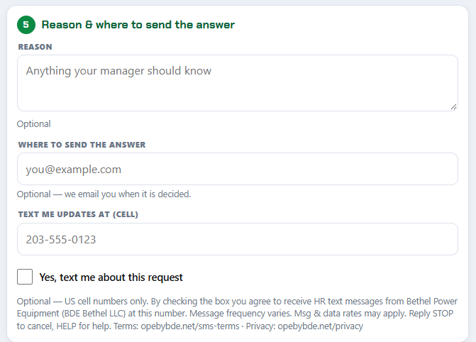 Screenshot of the request form: the Text me updates field with the consent checkbox and disclosure